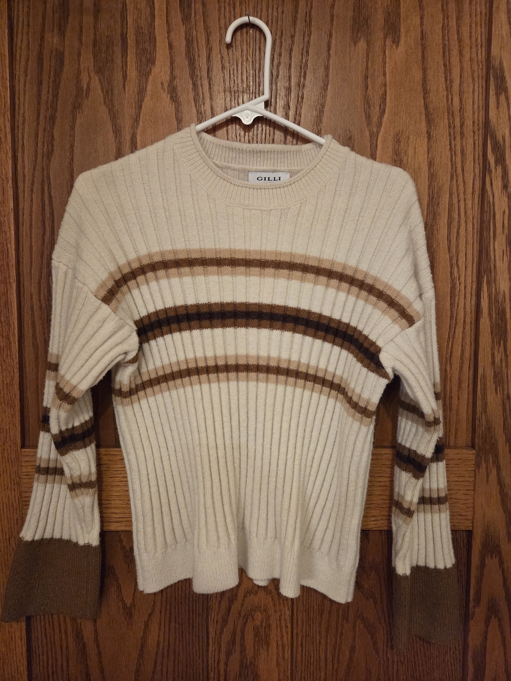 GILLI Cream Ribbed Sweater with Brown Stripe Detail